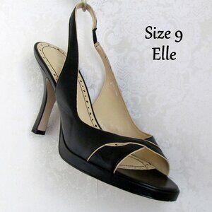 ELLE SHOES, 9, BLACK SLINGBACK PLATFORM HEELS w DAINTYTAN TRIM CLASSIC & LOVELY!